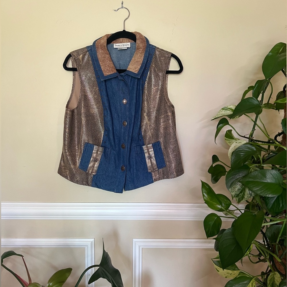 Vintage Nancy Bolen Denim & Snakeskin Print Vest Style Size 14